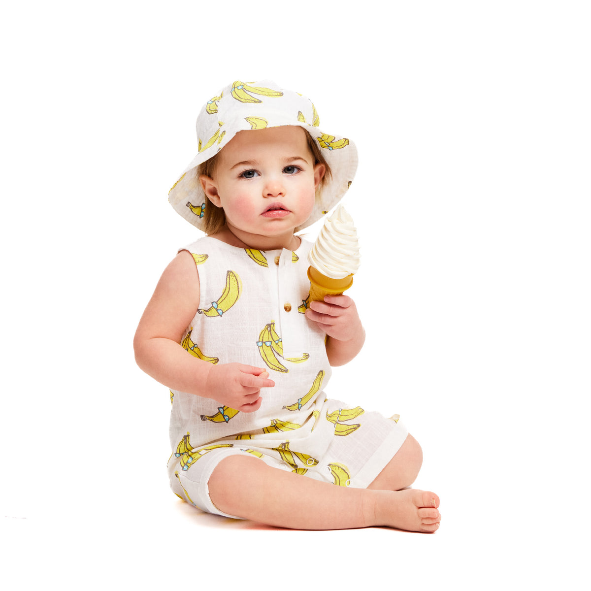 Infant White Banana Printed Woven Tank Romper w/Bucket Hat