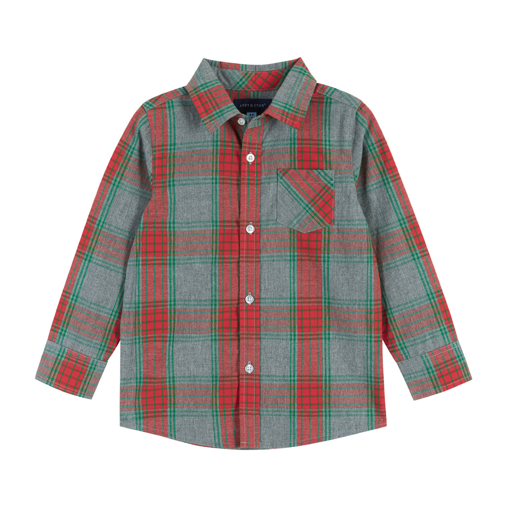 Holiday Plaid Buttondown w/ Bowtie |  Grey & Red - Andy & Evan