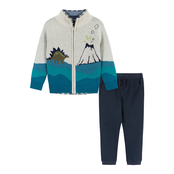 Dino Landscape Intarsia Sweater Zip-Up Set | Blue Green – Andy & Evan