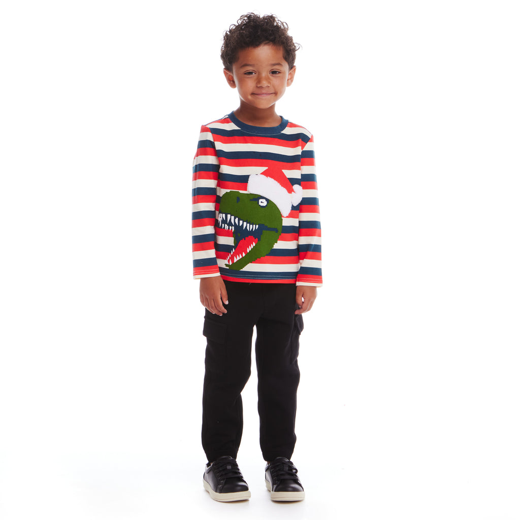 Kids Multicolor Striped Long Sleeve Tee | Holiday T-Rex - Andy & Evan