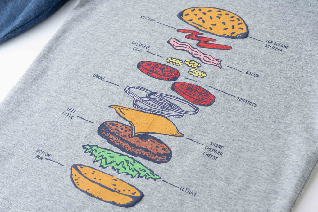 Kids Heather Grey/Navy Jersey Hooded Tee | Tasty Burger - Andy & Evan