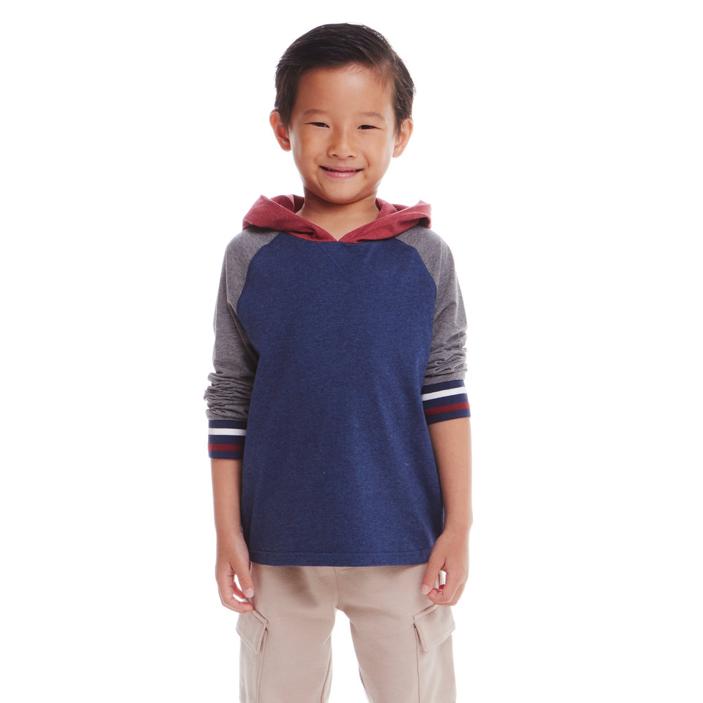 Kids Hooded Colorblocked Jersey Tee | Red Navy & Heater Grey - Andy & Evan