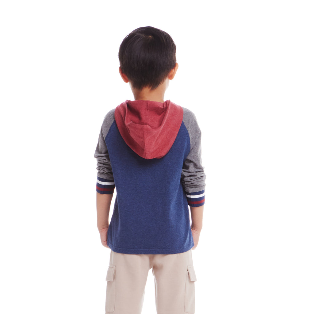 Kids Hooded Colorblocked Jersey Tee | Red Navy & Heater Grey - Andy & Evan