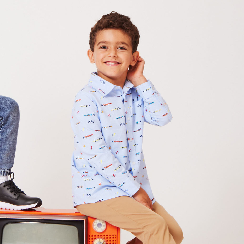 Kids Blue Chambray Buttondown Shirt | Racecars - Andy & Evan