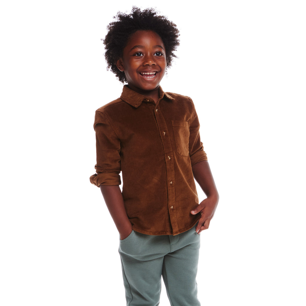 Kids Garment Washed Cord Buttondown | Brown - Andy & Evan