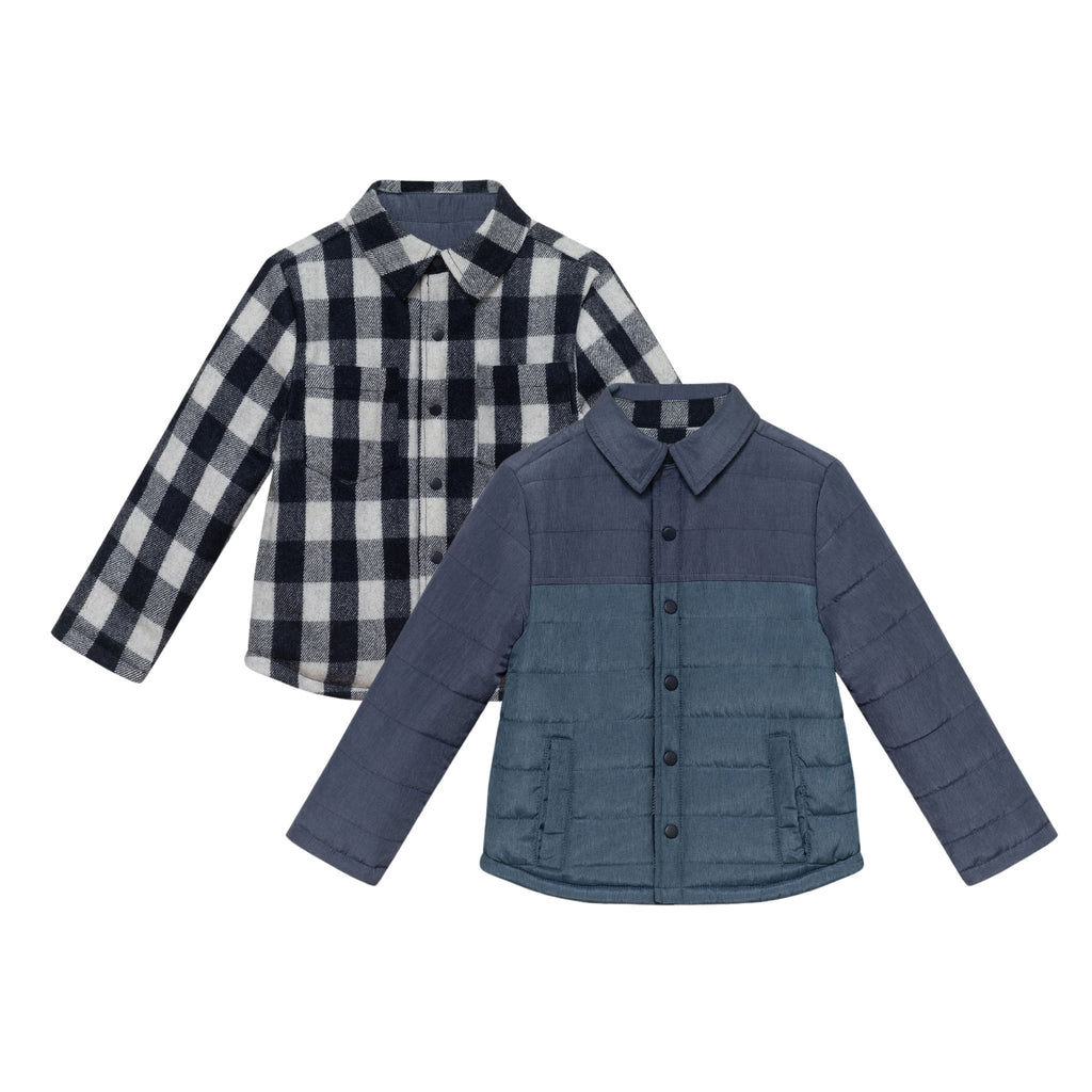 Kids Reversible Flannel Puffer Jacket | Navy & White - Andy & Evan