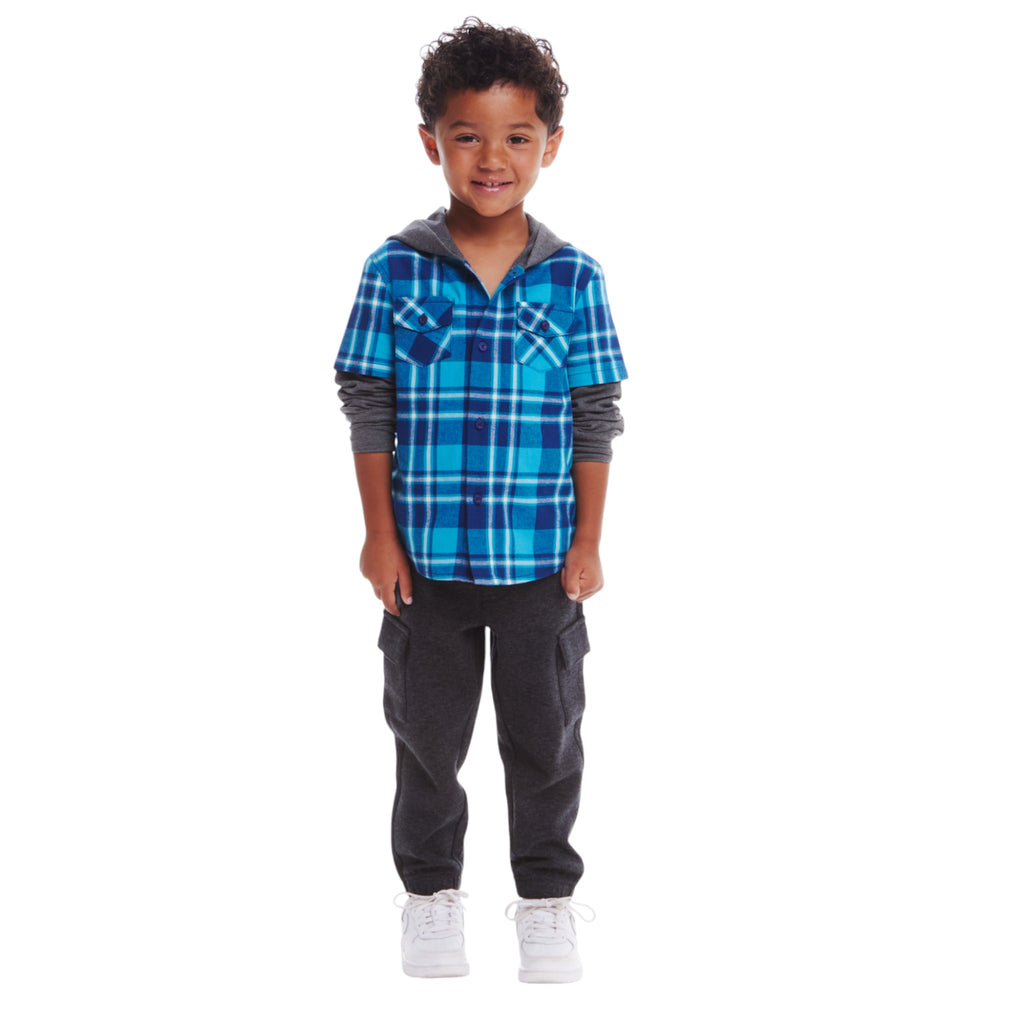 Kids Plaid Flannel Terry Twofer Hoodie | Teal - Andy & Evan