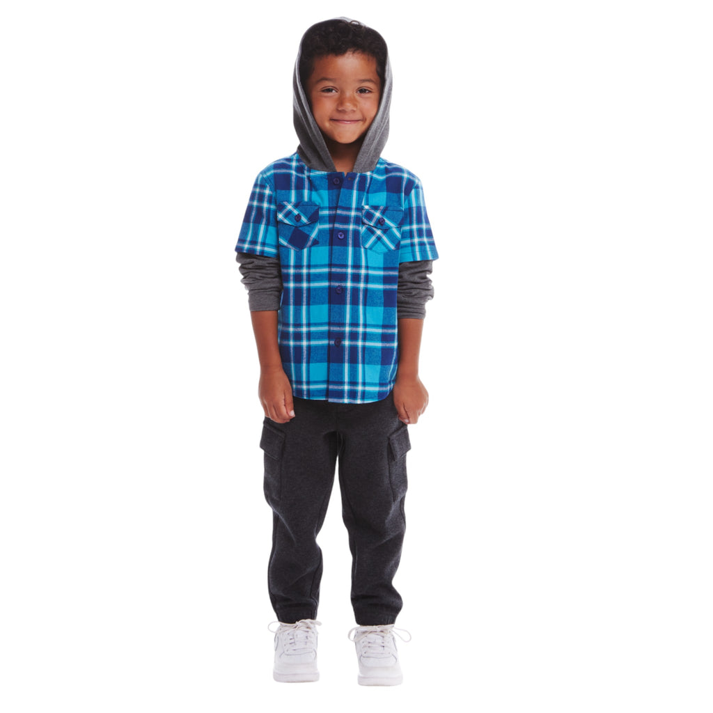 Kids Plaid Flannel Terry Twofer Hoodie | Teal - Andy & Evan