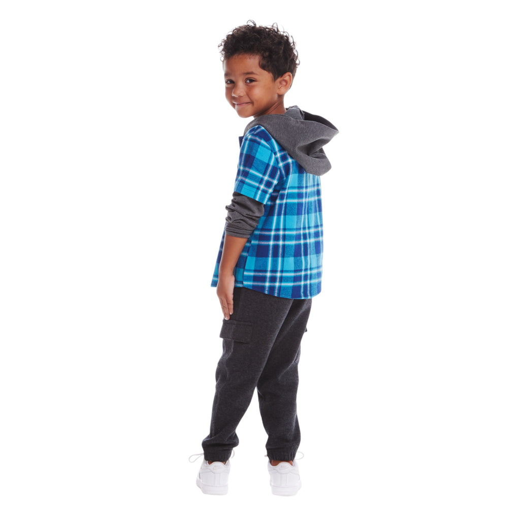 Kids Plaid Flannel Terry Twofer Hoodie | Teal - Andy & Evan