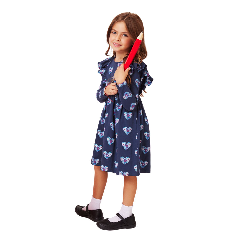 Kids (2-6x) Navy Heather Printed Jersey Dress | Floral Hearts - Andy & Evan