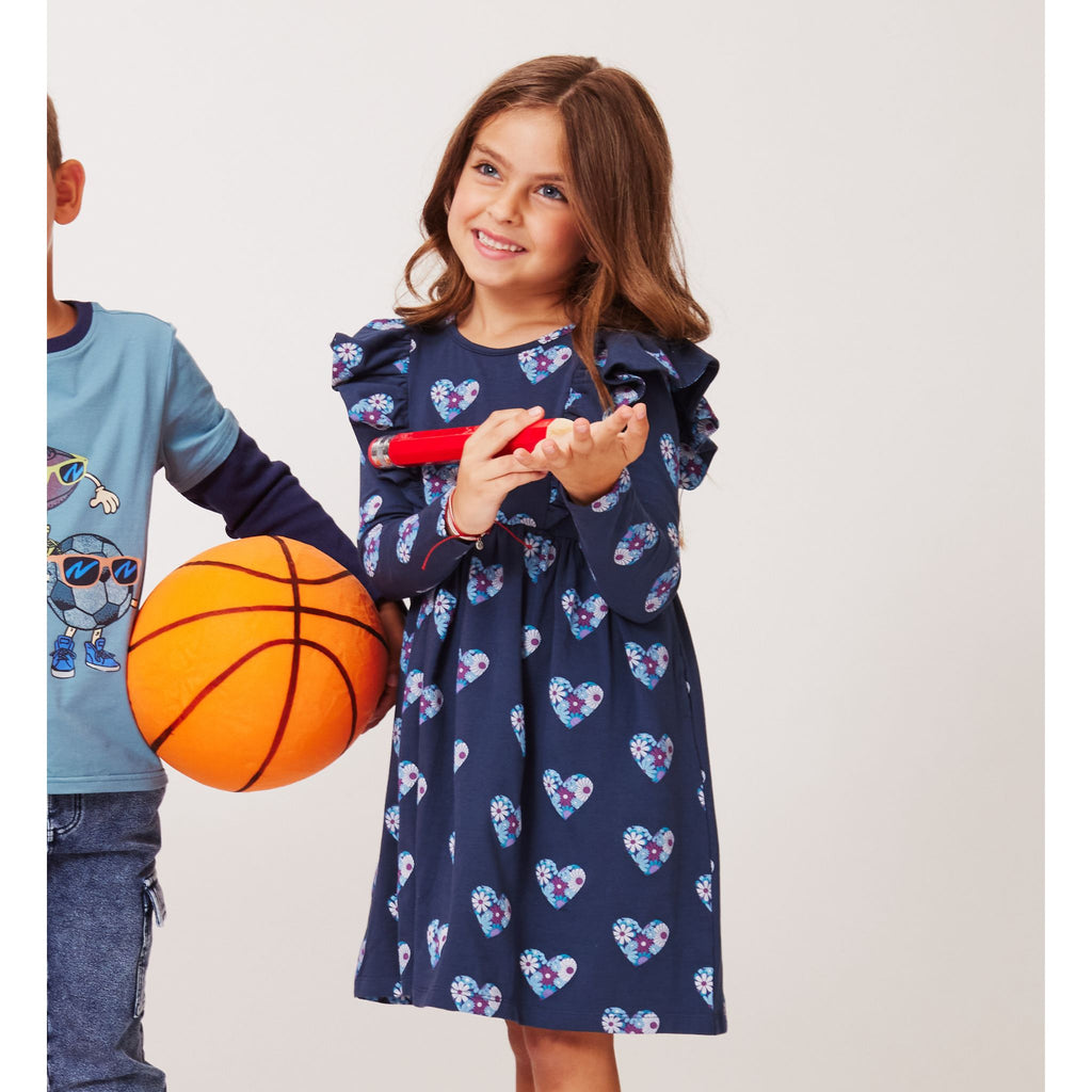 Kids (2-6x) Navy Heather Printed Jersey Dress | Floral Hearts - Andy & Evan