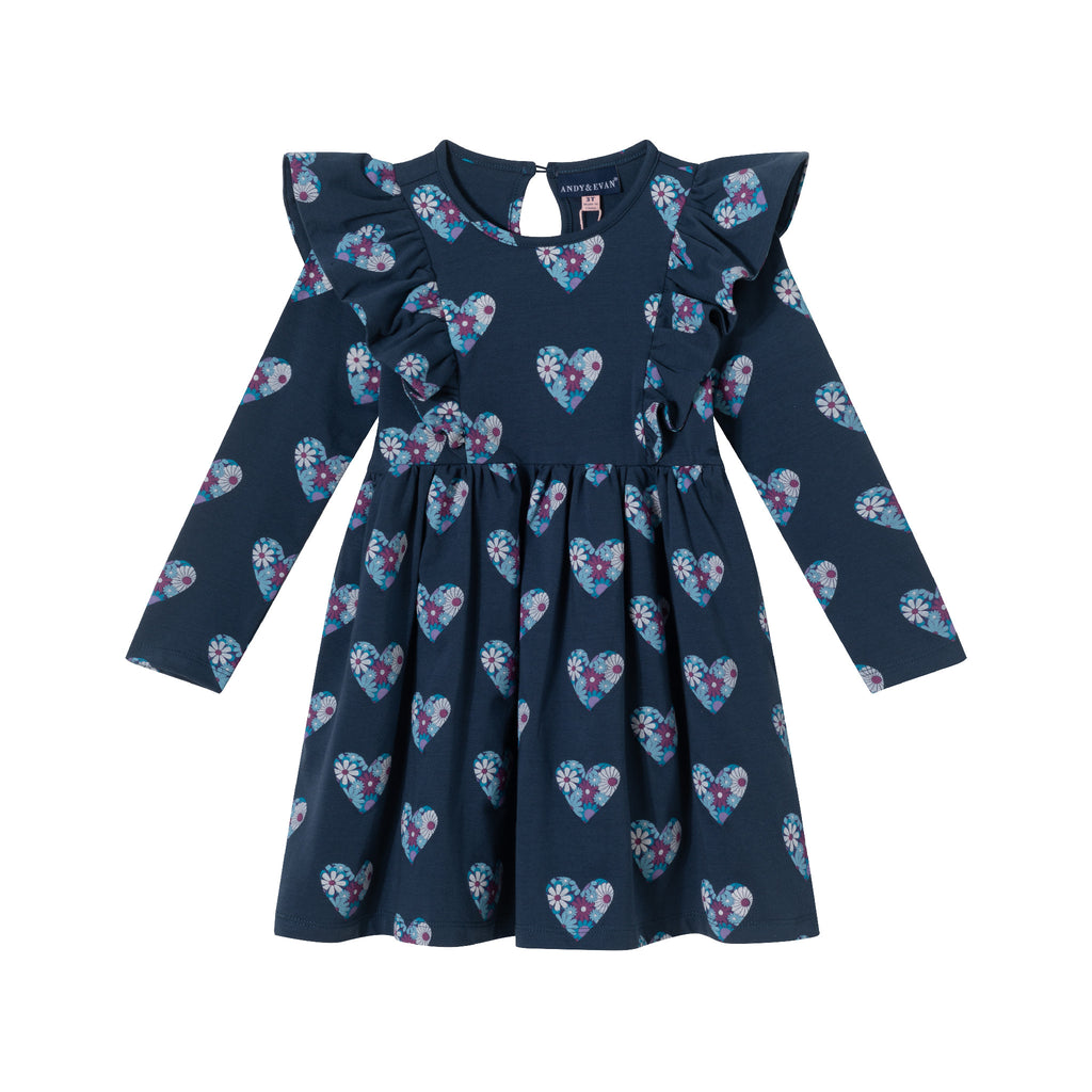 Kids (2-6x) Navy Heather Printed Jersey Dress | Floral Hearts - Andy & Evan