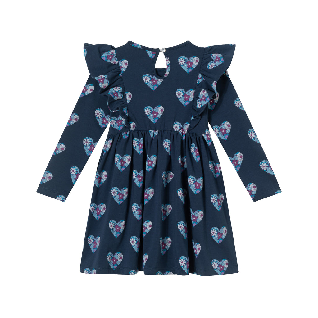 Kids (2-6x) Navy Heather Printed Jersey Dress | Floral Hearts - Andy & Evan