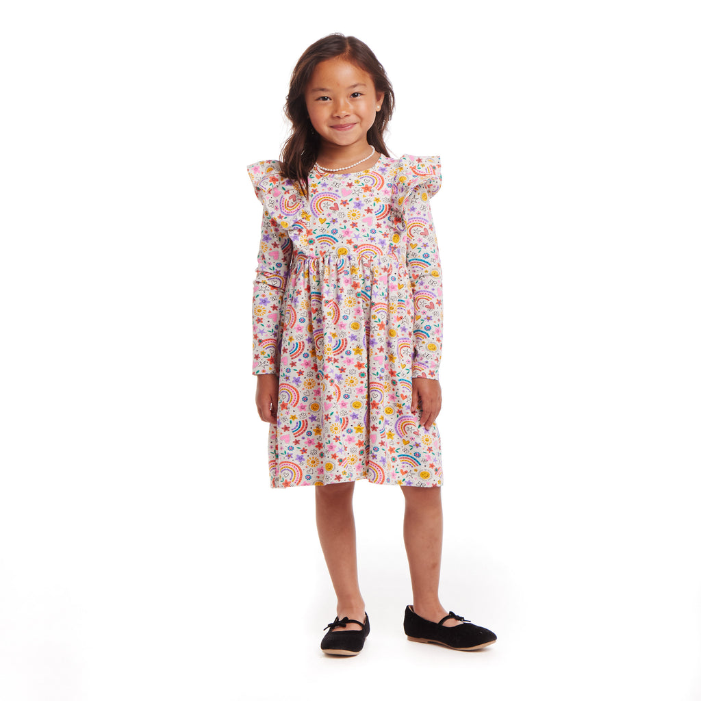 Kids Oatmeal Heather Printed Jersey Dress | Rainbow Flowers - Andy & Evan