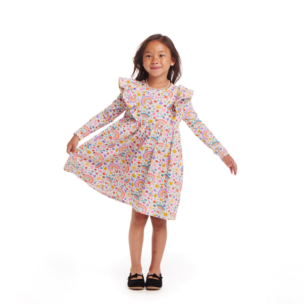 Kids Oatmeal Heather Printed Jersey Dress | Rainbow Flowers - Andy & Evan