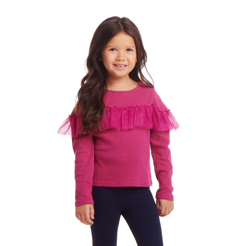 Kids Rib Knit Long Sleeve Ruffle Top | Hot Pink - Andy & Evan