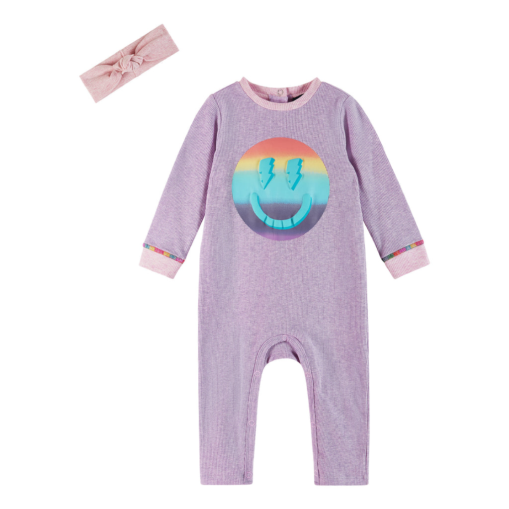 Infant Lavendar Long Sleeve Romper Set | Smiley Graphic - Andy & Evan