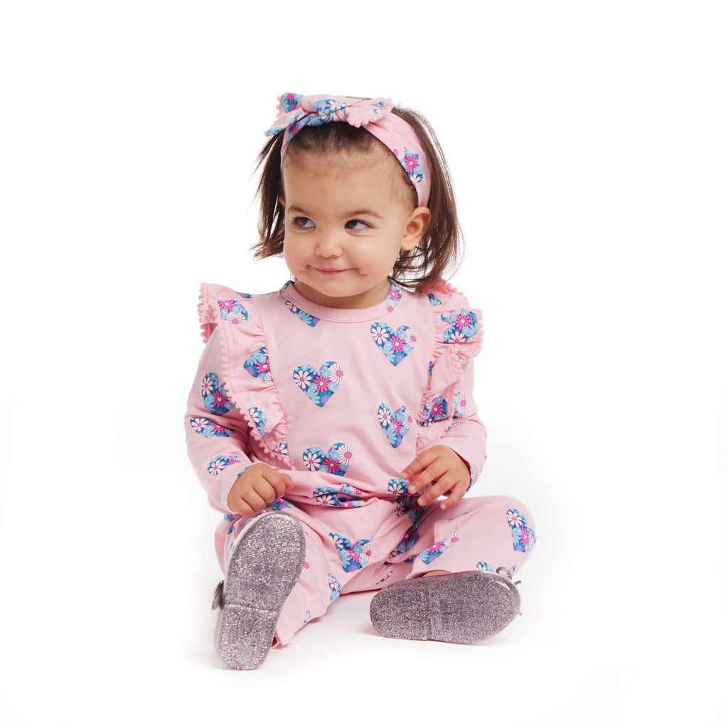 Infant Pink Long Sleeve Romper & Headband Set | Hearts & Flowers - Andy & Evan