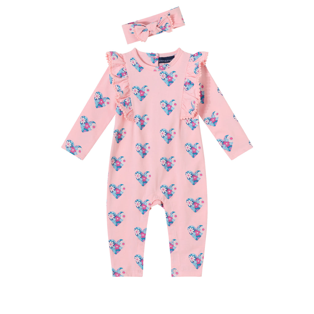 Infant Pink Long Sleeve Romper & Headband Set | Hearts & Flowers - Andy & Evan