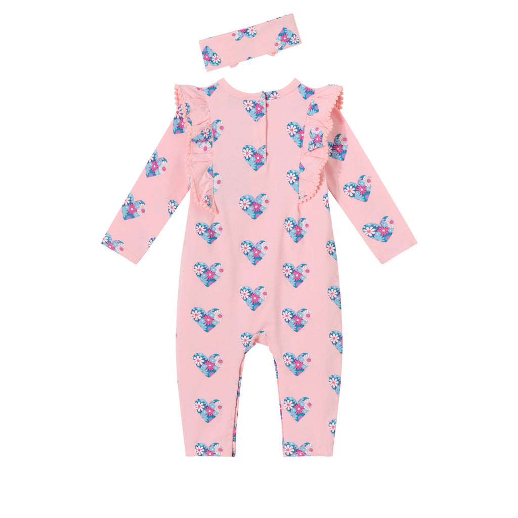 Infant Pink Long Sleeve Romper & Headband Set | Hearts & Flowers - Andy & Evan