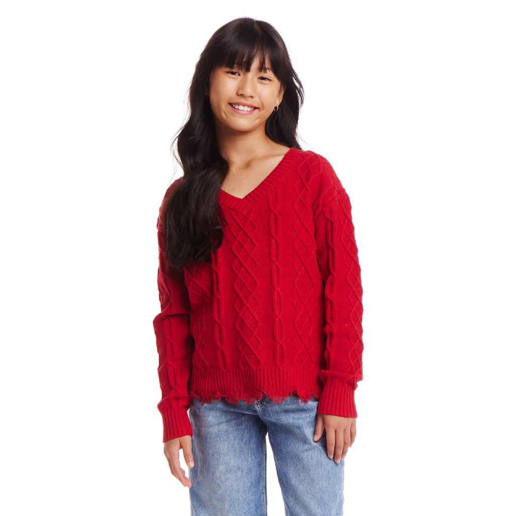 Kids (7-16) Cable Knit V-Neck Sweater | Red - Andy & Evan