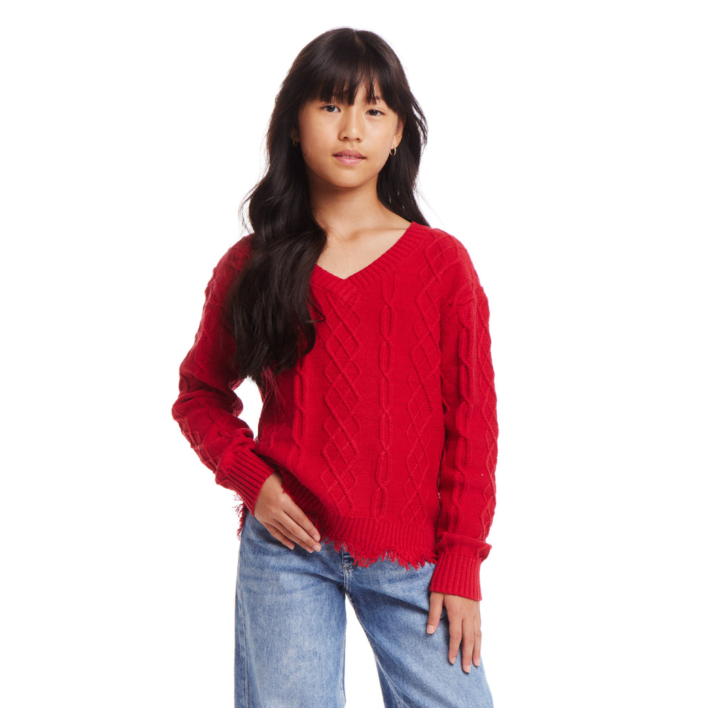 Kids (7-16) Cable Knit V-Neck Sweater | Red - Andy & Evan