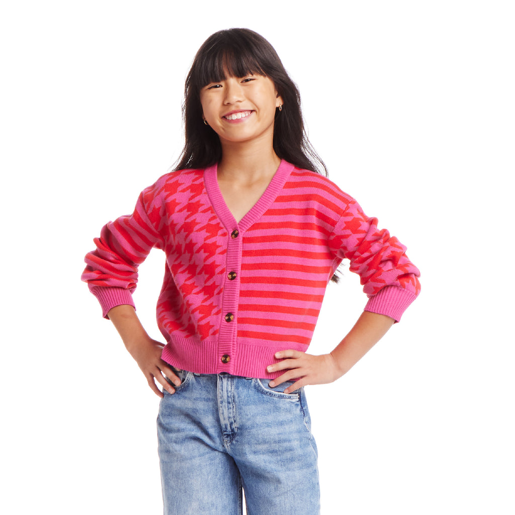 Kids (7-16) Houndstooth N' Striped Cropped Cardigan | Pink & Red - Andy & Evan