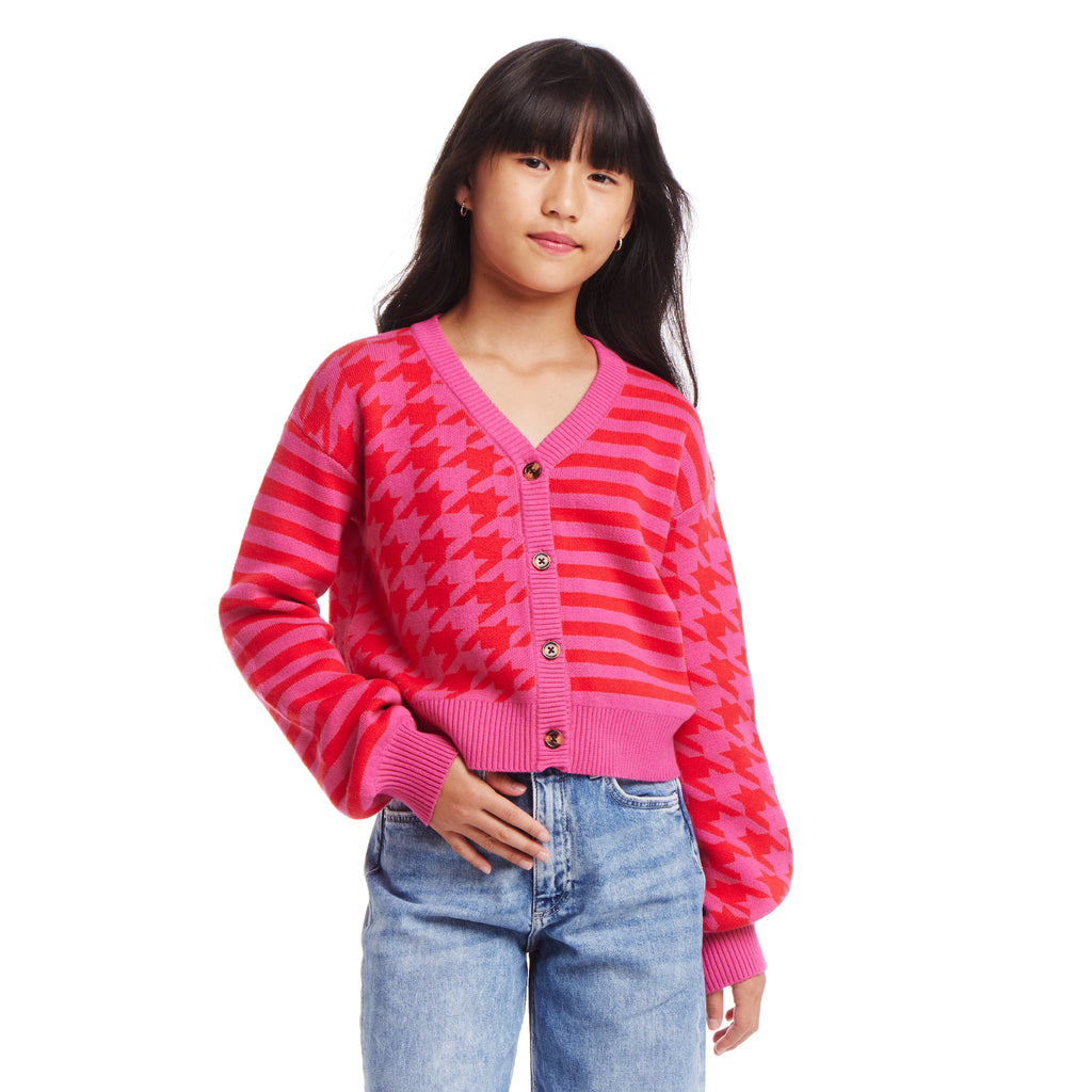 Kids (7-16) Houndstooth N' Striped Cropped Cardigan | Pink & Red - Andy & Evan