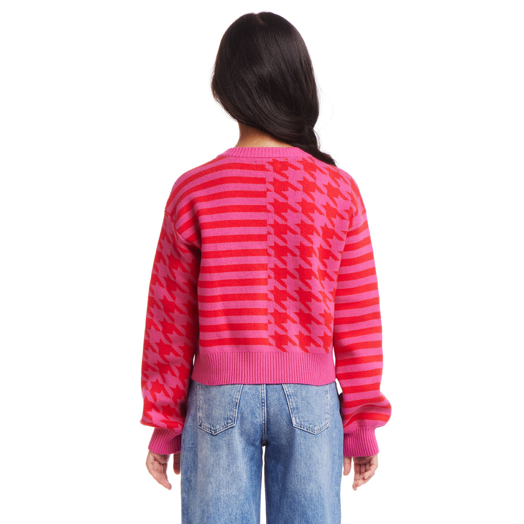 Kids (7-16) Houndstooth N' Striped Cropped Cardigan | Pink & Red - Andy & Evan