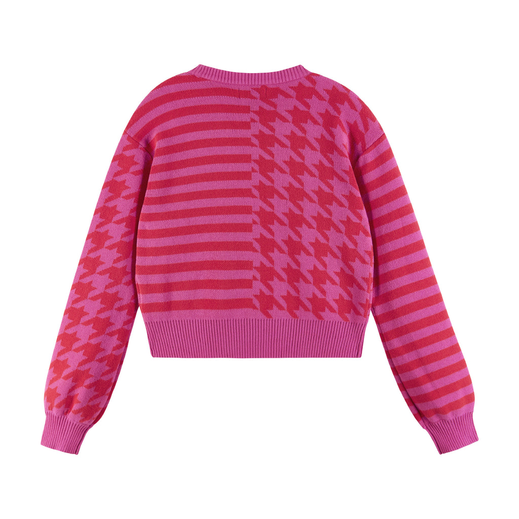 Kids (7-16) Houndstooth N' Striped Cropped Cardigan | Pink & Red - Andy & Evan