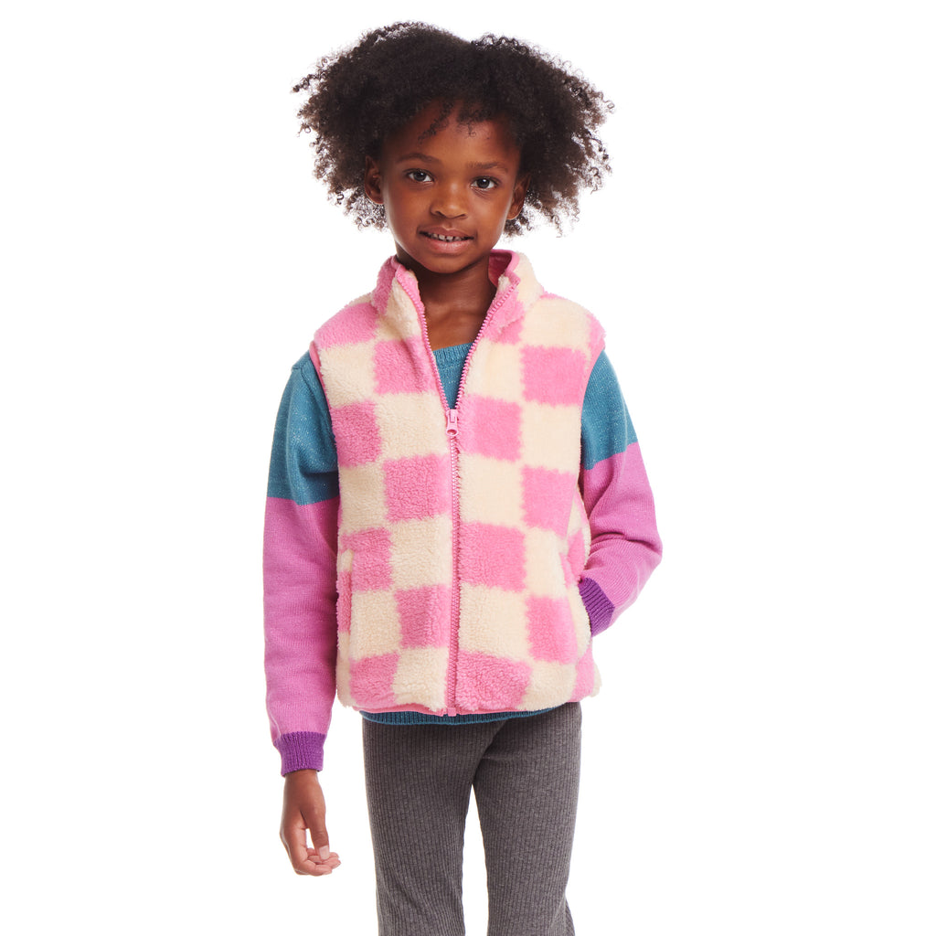 Kids Checkered Faux Fleece Vest | Pink - Andy & Evan