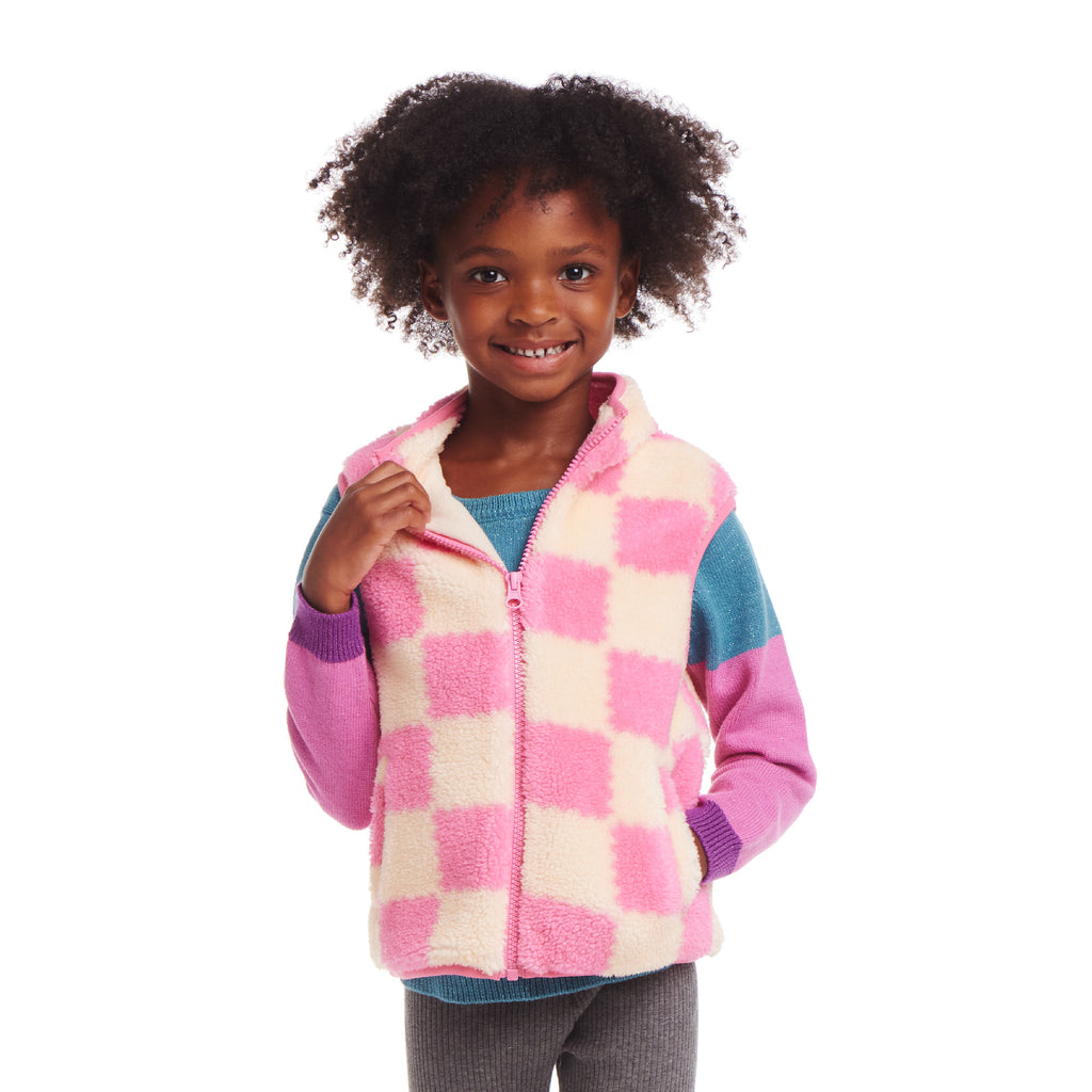 Kids Checkered Faux Fleece Vest | Pink - Andy & Evan