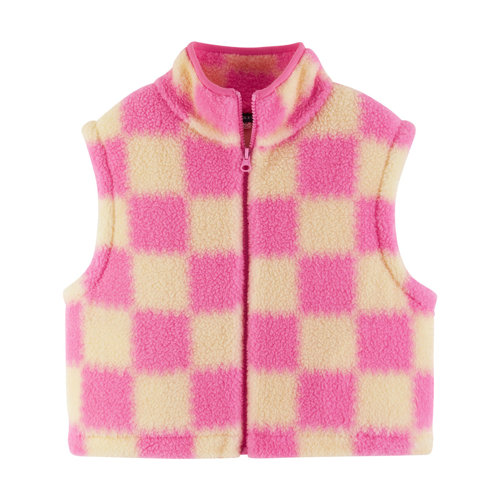 Kids Cropped Fleece Vest (Size 7-16) | Pink & Cream Checkered - Andy & Evan