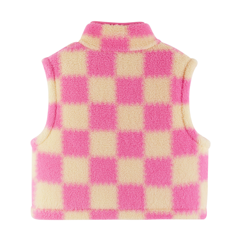 Kids Cropped Fleece Vest (Size 7-16) | Pink & Cream Checkered - Andy & Evan