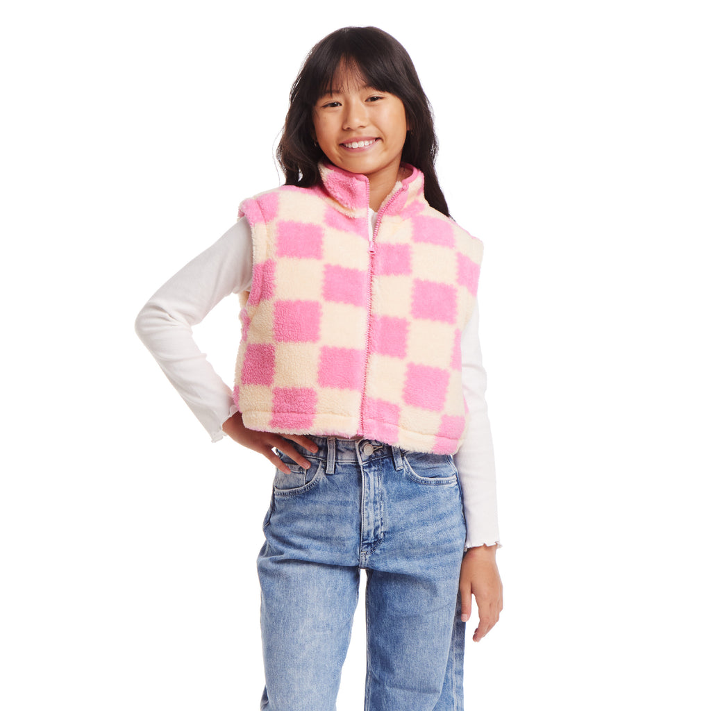 Kids Cropped Fleece Vest (Size 7-16) | Pink & Cream Checkered - Andy & Evan