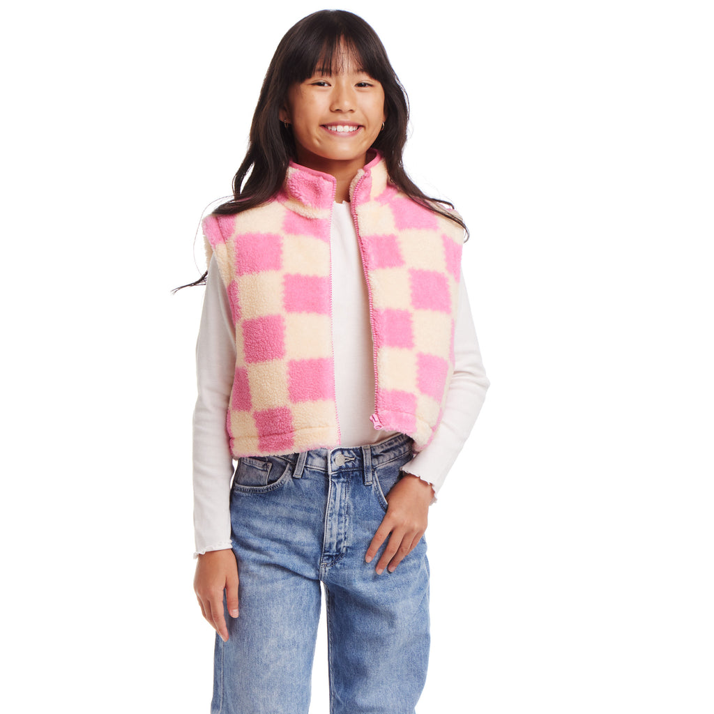 Kids Cropped Fleece Vest (Size 7-16) | Pink & Cream Checkered - Andy & Evan