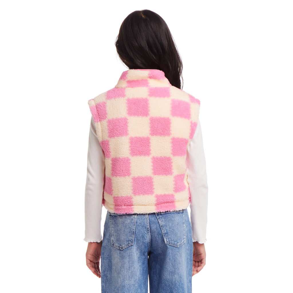 Kids Cropped Fleece Vest (Size 7-16) | Pink & Cream Checkered - Andy & Evan