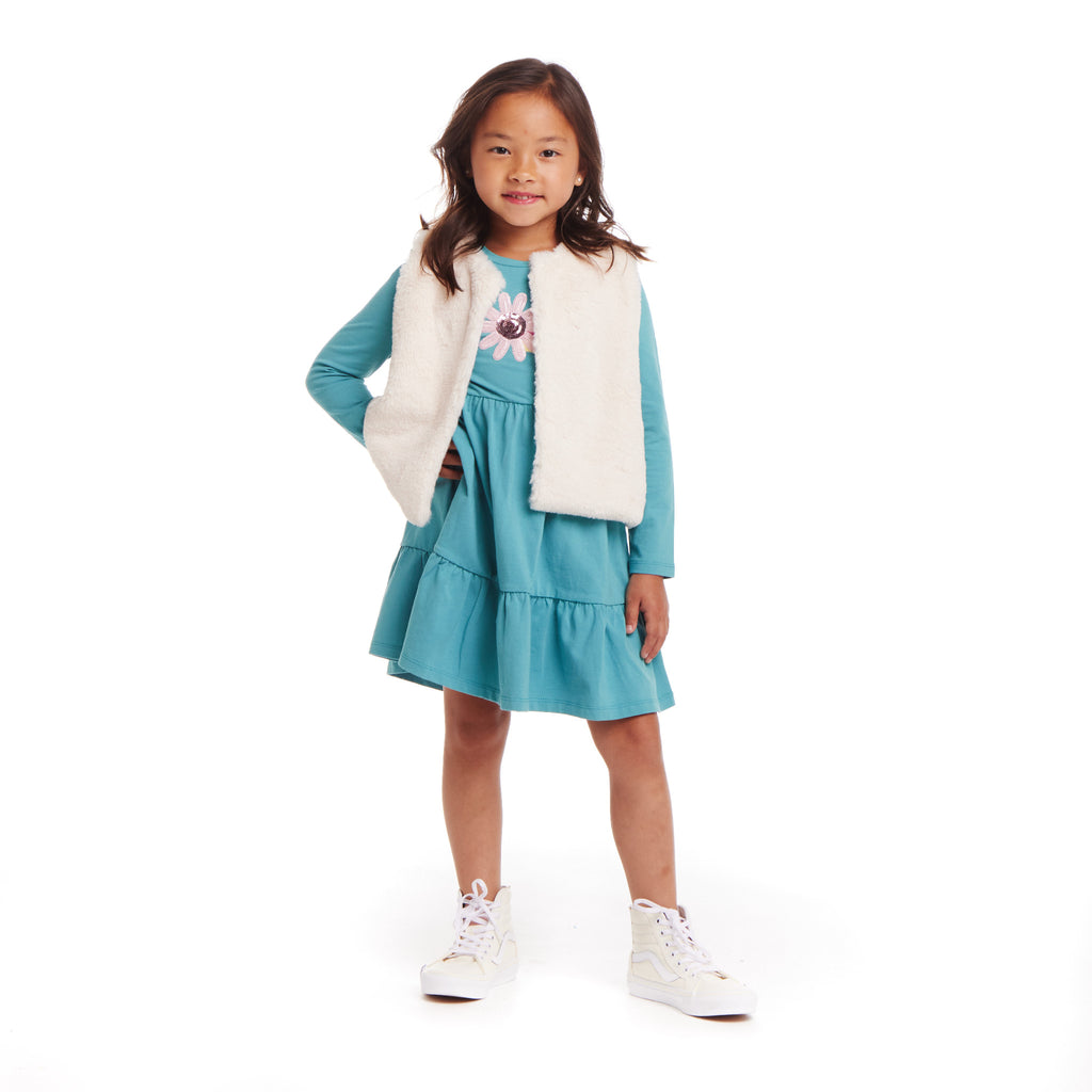 Kids Teal Jersey Dress & Faux Fur Vest Set | Rainbow Graphic - Andy & Evan