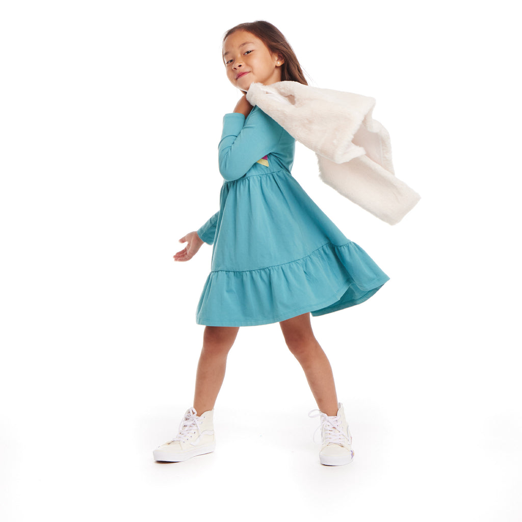 Kids Teal Jersey Dress & Faux Fur Vest Set | Rainbow Graphic - Andy & Evan