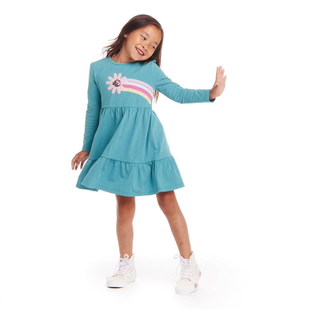 Kids Teal Jersey Dress & Faux Fur Vest Set | Rainbow Graphic - Andy & Evan