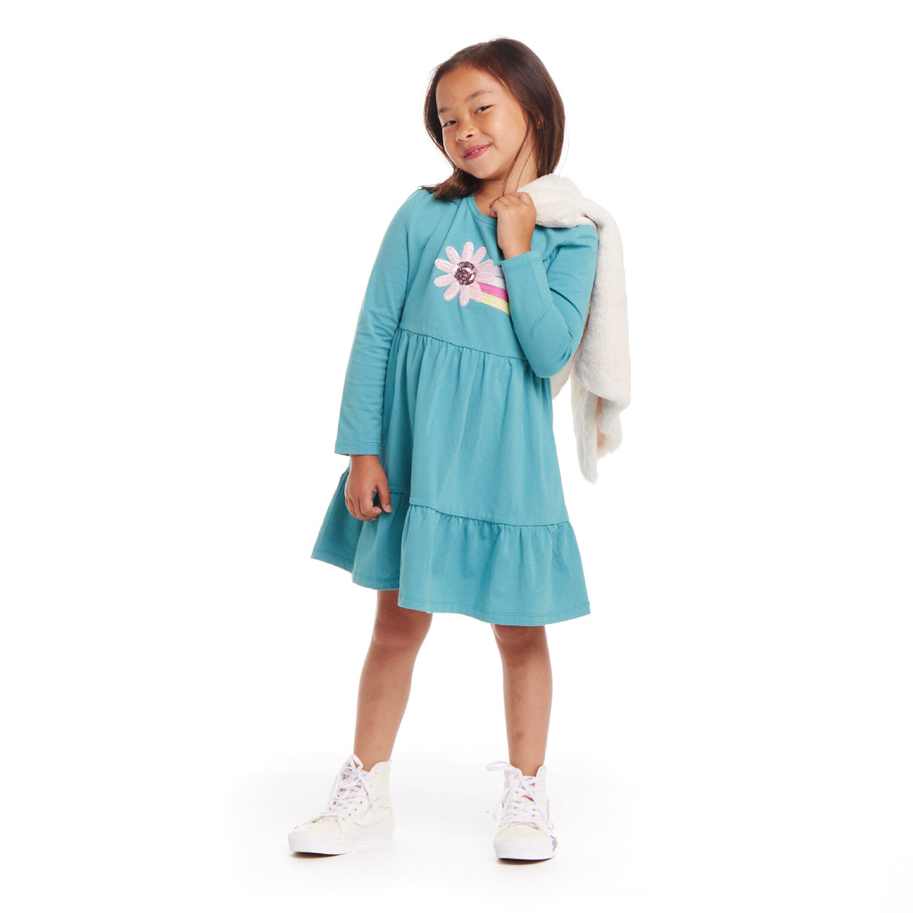 Kids Teal Jersey Dress & Faux Fur Vest Set | Rainbow Graphic - Andy & Evan