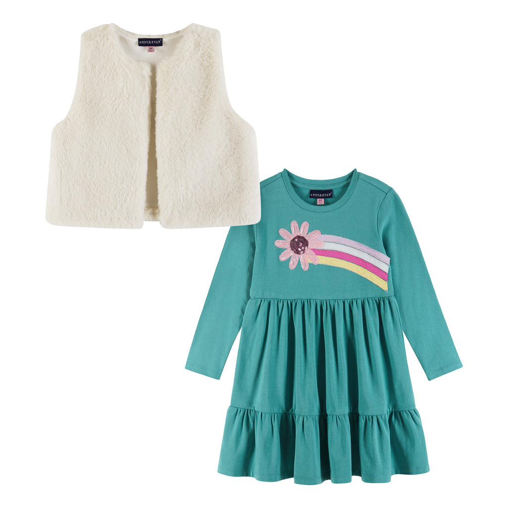 Kids Teal Jersey Dress & Faux Fur Vest Set | Rainbow Graphic - Andy & Evan