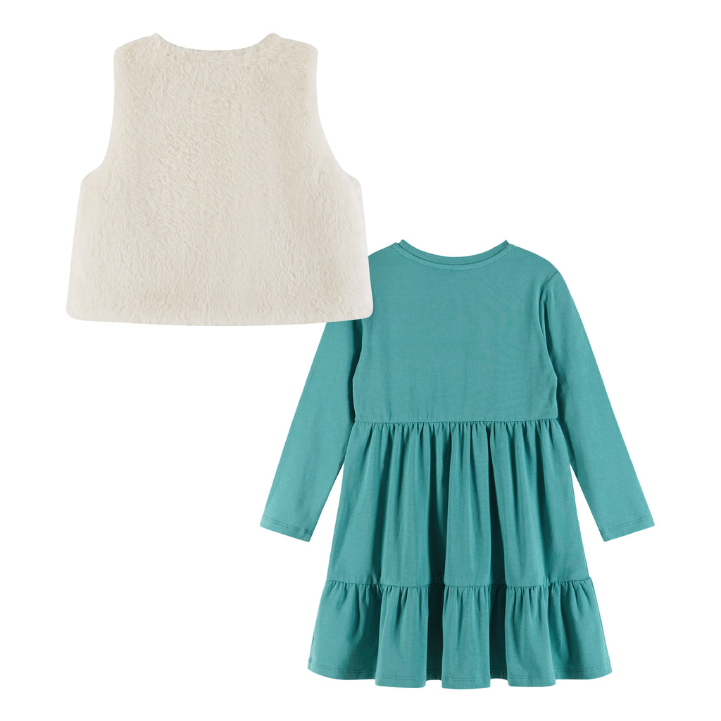 Kids Teal Jersey Dress & Faux Fur Vest Set | Rainbow Graphic - Andy & Evan