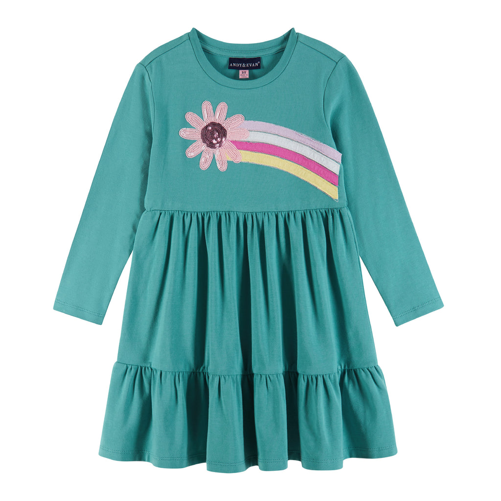 Kids Teal Jersey Dress & Faux Fur Vest Set | Rainbow Graphic - Andy & Evan