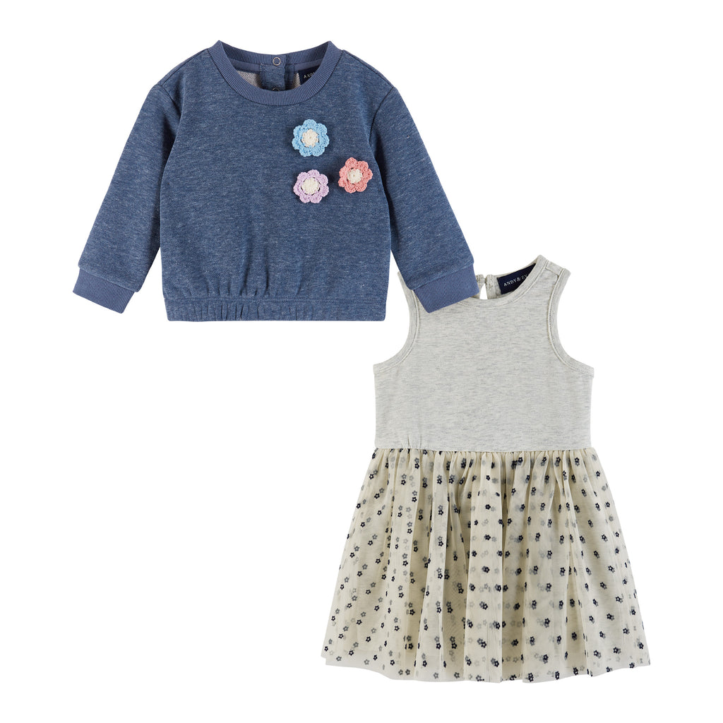 Infant Terry Crewneck & Dress Set | Navy Heather Flowers - Andy & Evan