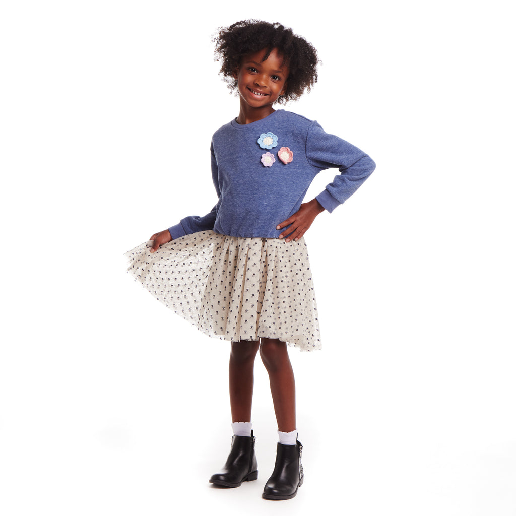 Kids Terry Crewneck & Dress Set | Navy Heather Flowers - Andy & Evan