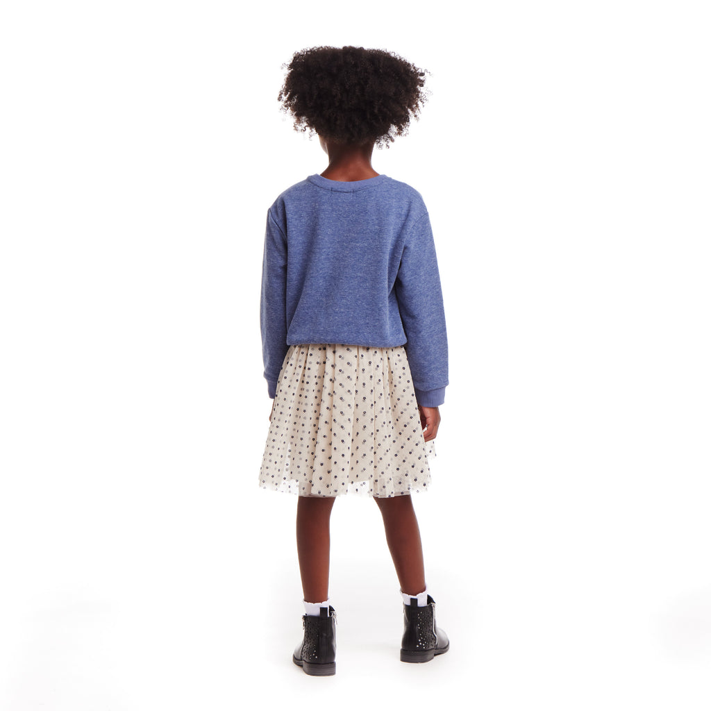 Kids Terry Crewneck & Dress Set | Navy Heather Flowers - Andy & Evan