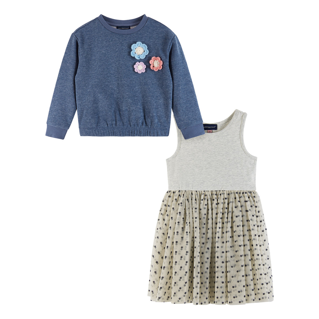 Kids Terry Crewneck & Dress Set | Navy Heather Flowers - Andy & Evan