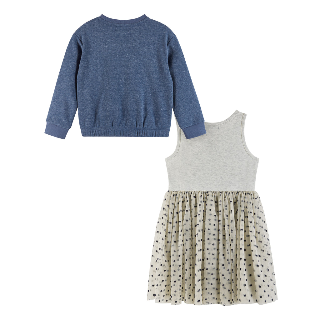 Kids Terry Crewneck & Dress Set | Navy Heather Flowers - Andy & Evan