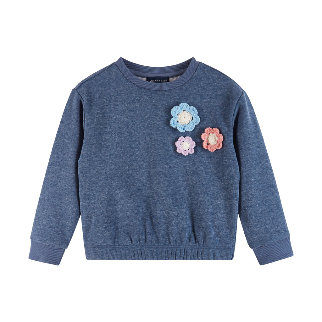 Kids Terry Crewneck & Dress Set | Navy Heather Flowers - Andy & Evan